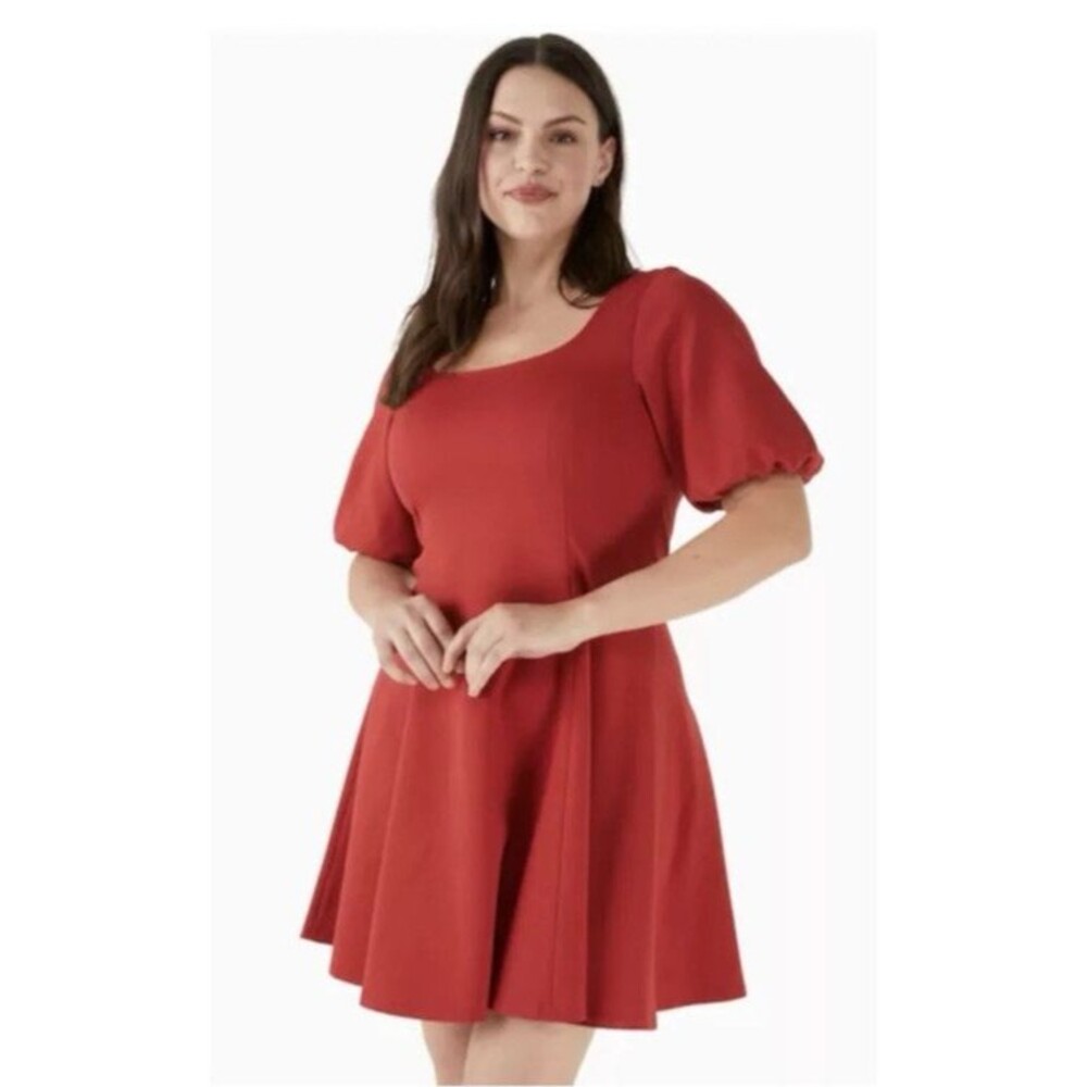 Kate Spade Skater Dress Women Medium Red Ponte Puff Sleeve Square Neck Stretchy